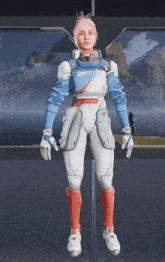 a woman with pink hair is wearing a white and blue suit with the word rhythm on it
