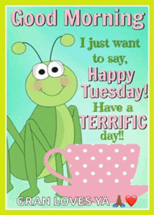 a poster that says good morning i just want to say happy tuesday have a terrific day !!