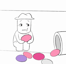 a drawing of a man holding a pink egg