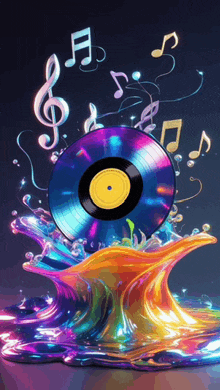 a record is surrounded by music notes in a colorful painting