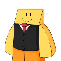 a cartoon character with a yellow box on his head wearing a vest and tie