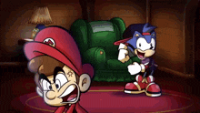 a cartoon of mario and sonic standing in a living room