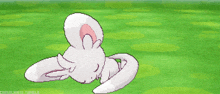 a pixel art of a white rabbit laying on a grassy field