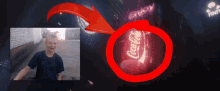 a picture of a boy next to a coca cola can