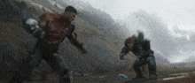 a painting of two men fighting in a field