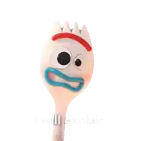 a toy story fork with big eyes and a blue mouth says everything