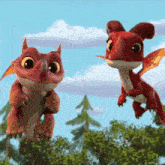two cartoon dragons are standing next to each other in the woods