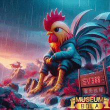 a rooster is sitting on a rock next to a sign that says sv388 museum bola