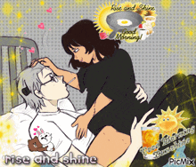 a cartoon of a man and woman kissing with the words rise and shine in the corner