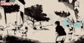 a black and white drawing of a group of people playing a game of volleyball .