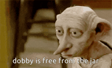 a picture of a dobby from harry potter with the words dobby is free from the jar