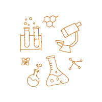 a line drawing of test tubes a microscope a beaker and a molecule