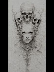 a drawing of a woman with three skulls on top of her head