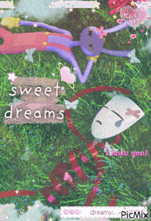 a picture of a person laying in the grass with the words sweet dreams on it