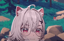 a close up of a cartoon character with glasses and cat ears