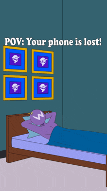 a cartoon drawing of a person laying on a bed with the words " your phone is lost " above them