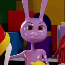 a purple cartoon rabbit with yellow eyes is standing in front of a bunch of toys