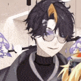 a close up of a anime character wearing glasses and a black turtleneck