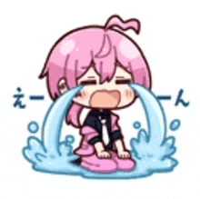 a cartoon girl with pink hair is crying and tears are coming out of her eyes .