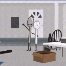 a couple of stick figures standing next to each other in a room .