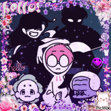 a group of cartoon characters are surrounded by purple and pink flowers and the words hello