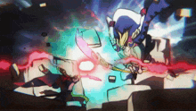 a cartoon drawing of a robot fighting another robot with a sword