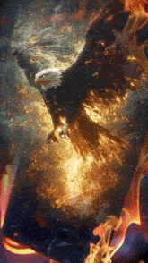 a bald eagle is flying through the air with its wings spread in front of a fire .