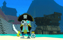 a pixel art of a pirate holding a sword in front of a shipwreck