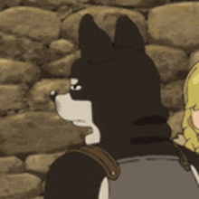 a black and white dog is standing next to a woman in a cartoon .