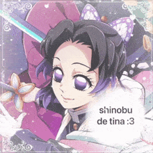 a picture of a girl with purple hair and the words shinobu de tina