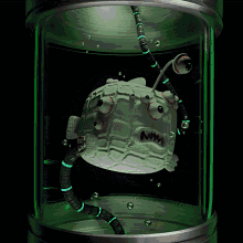 a cartoon character in a glass container with green lights around it