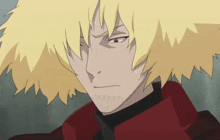 a close up of a cartoon character with yellow hair and a red jacket