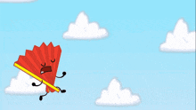 a cartoon drawing of a red fan with a face flying through the air