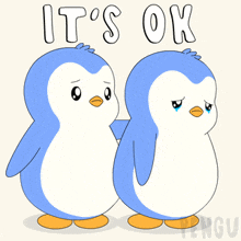 two penguins standing next to each other with the words it 's ok