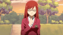 a girl with red hair and glasses is wearing a red school uniform