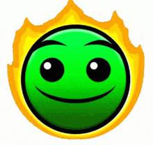 a green smiley face with a yellow flame around it .