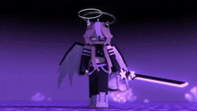 a girl with a halo on her head is holding a purple sword