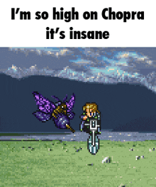 a pixel art of a man riding a bike next to a purple butterfly with the words i 'm so high on chopra