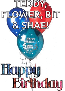 a birthday card with balloons and the words teddy flower bit & shae