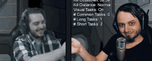 two men are giving each other a high five in front of a screen that says kill distance normal visual tasks common tasks long tasks and short tasks