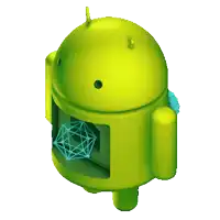 a green robot with a blue cube inside of it 's head