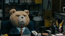 a teddy bear in a suit sits at a desk