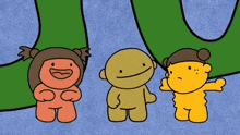 three cartoon characters are standing next to each other in front of a large letter j
