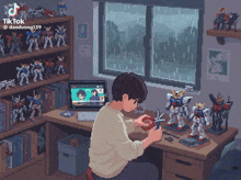 a pixel art of a man cutting a toy robot