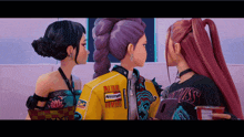three cartoon characters are standing next to each other with one wearing a yellow jacket that says attitude