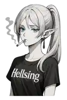 a girl with a ponytail is smoking a cigarette and wearing a shirt that says hellsing