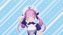 a girl with purple hair and an anchor on her head