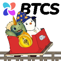 a roller coaster with a turtle and a penguin on it with the word btcs behind them