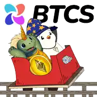 a roller coaster with a turtle and a penguin on it with the word btcs behind them