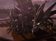 a purple robot is standing next to a purple dragon